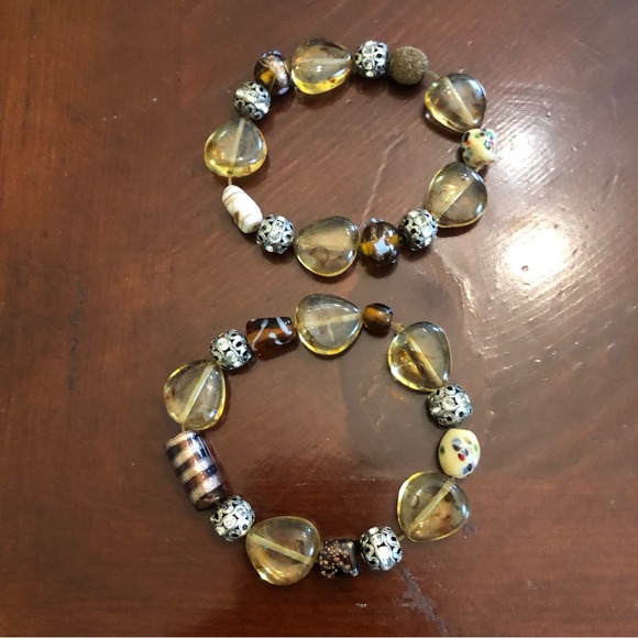 Boho Amber/Brown/Silver Chunky Beaded Stretch Bracelet - Picture 5 of 15